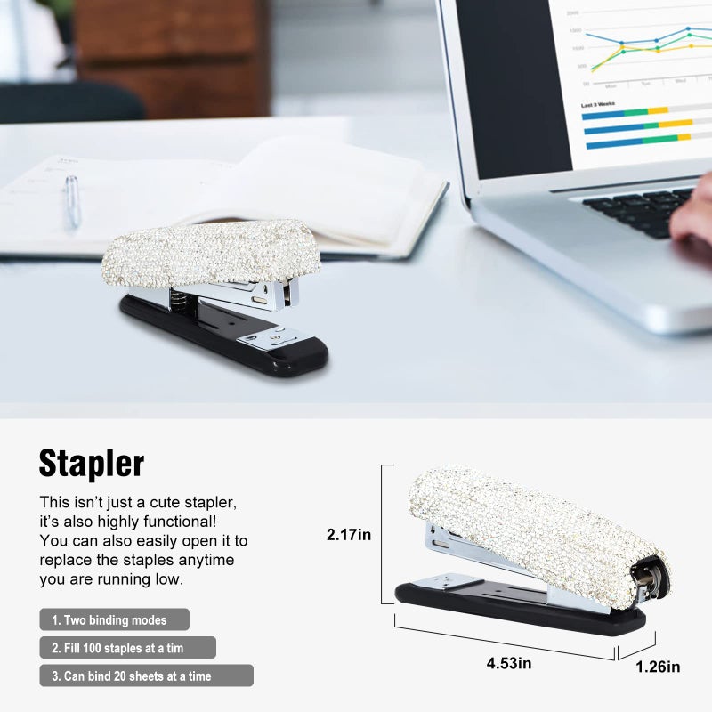 KEYPOWER Bling Crystal Luxury Handmade Diamond Round Pencil Pen Pot Holder & Stapler & Card Holder & Desktop Tape Dispenser Office Stationery Kit for Fashion Girls Women(White) - Image 4